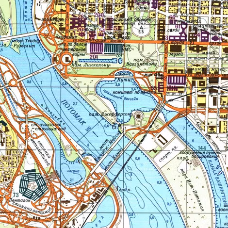 Hình dạng Lầu Năm Góc thấy rõ nơi góc trái phần cuối bản đồ về Washington DC.