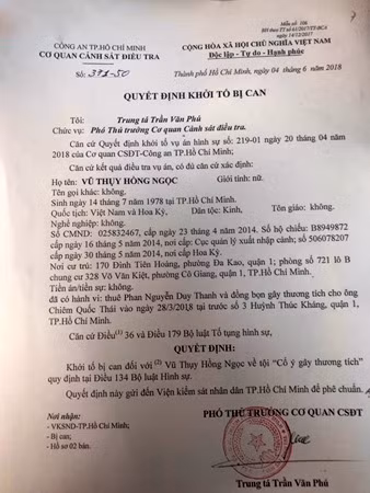 Quyết định khởi tố bị can đối với bà Vũ Thụy Hồng Ngọc của Cơ quan cảnh sát điều tra Công an TP Hồ Chí Minh.