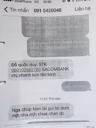 Nội dung tin nhắn lừa đảo của Kiều gửi cho chị Thúy.