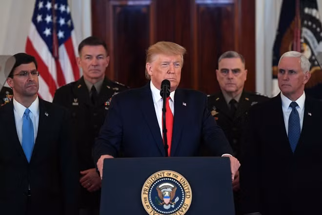 Tổng thống Mỹ Donald Trump phát biểu sau cuộc tấn công của Iran. Ảnh Getty Images.