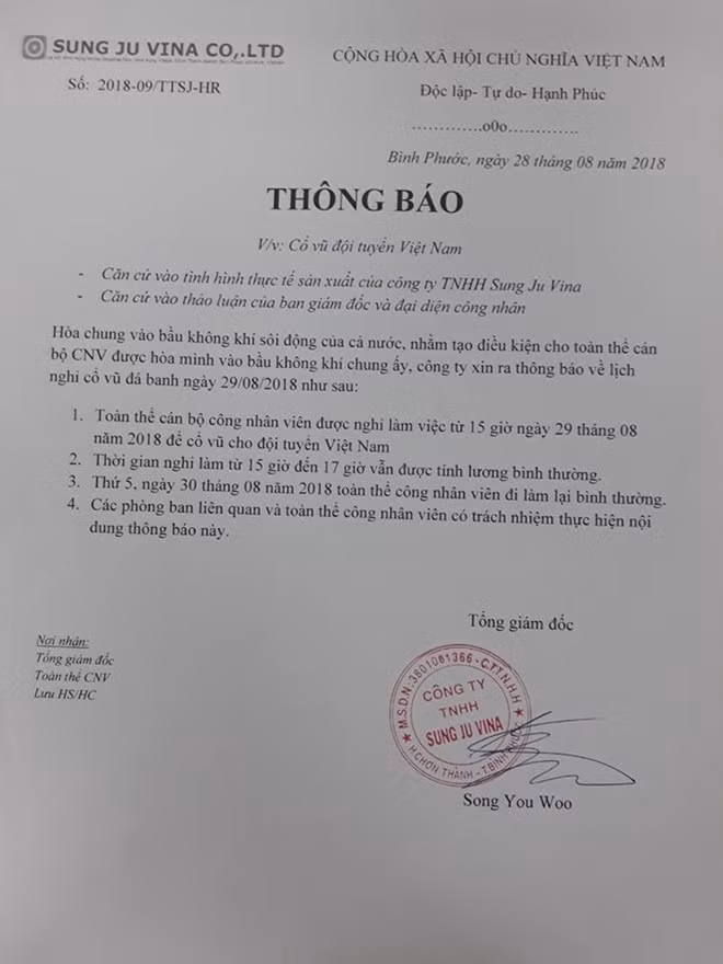 Văn bản các công ty cho công nhân nghỉ cổ vũ đội tuyển Việt Nam