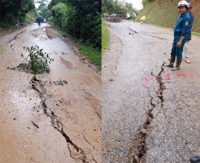 Các lực lượng chức năng đang chốt trực tại đoạn đường dài hơn 100m tại xã Dân Hạ đang rạn nứt.