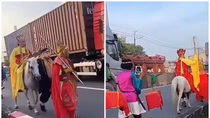 Xác minh nhóm người hóa trang "Thầy trò Đường Tăng" cưỡi ngựa trên làn ôtô