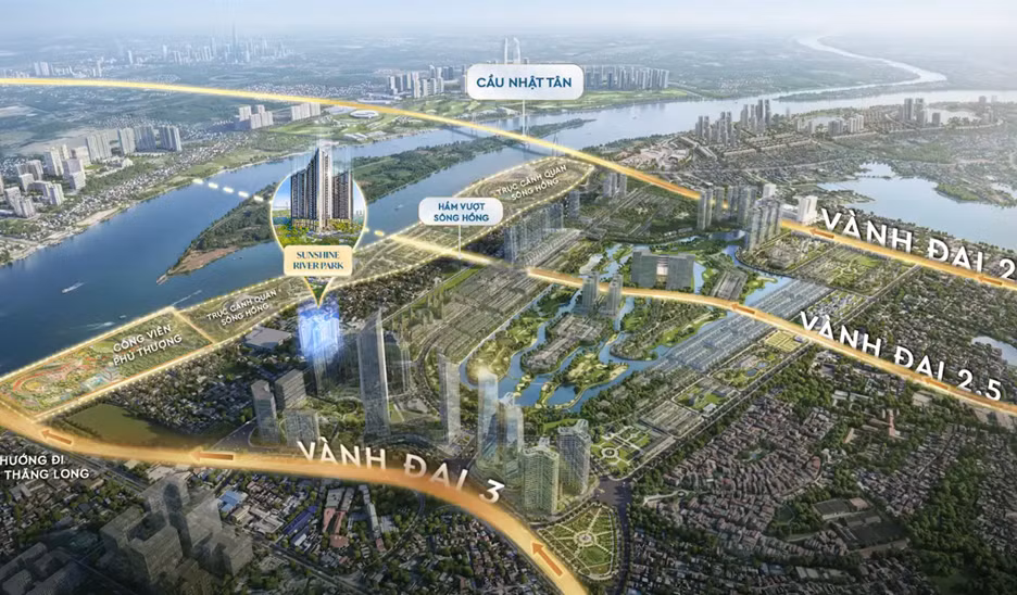 Sunshine River Park gây ấn tượng với ba mặt hướng sông và trực diện đại lộ cảnh quan sông Hồng theo quy hoạch.