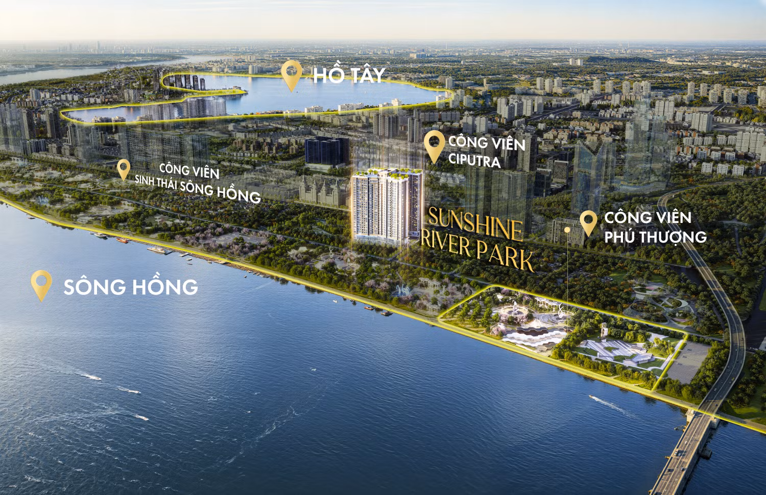 Sunshine River Park sở hữu vị thế kế sông cận thuỷ (Edge Waterfront) hiếm hoi ngay mặt tiền đại lộ sông Hồng và kề cận Ciputra.