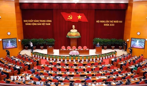 Quang cảnh phiên bế mạc Hội nghị lần thứ mười hai Ban Chấp hành Trung ương Đảng khóa XIII. (Ảnh: Phạm Kiên/TTXVN)