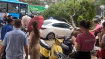 Nhiều ô tô hỏng nặng vì bị cây đổ đè trúng trong mưa lớn