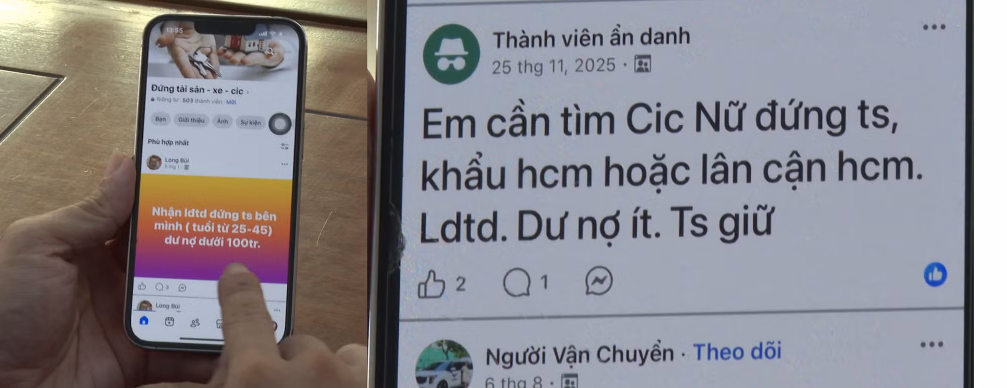 Bài đăng tìm người đứng tên tài sản trên mạng xã hội của nhóm đối tượng