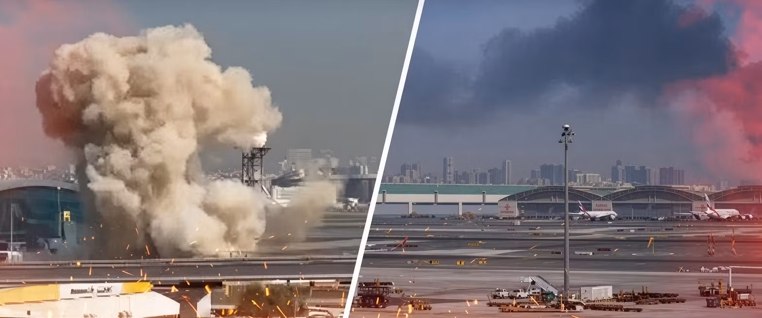 Sân bay quốc tế Dubai bị tấn công bởi máy bay không người lái, hồi tháng 3. Ảnh: YouTube
