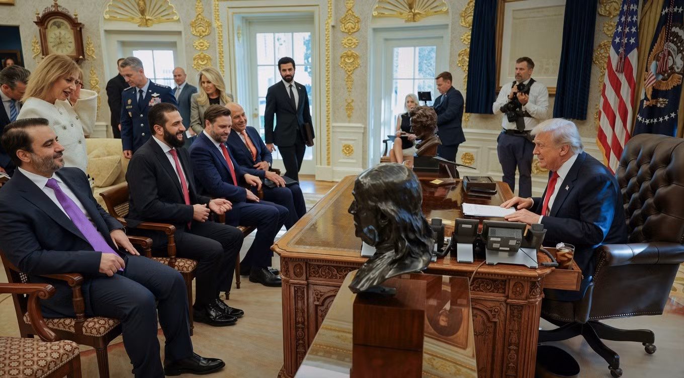 Tổng thống Syria Ahmed al-Sharaa (thứ hai, từ trái sang, hàng ngồi) hội kiến Tổng thống Mỹ Donald Trump, tháng 11/2025. Ảnh: SANA
