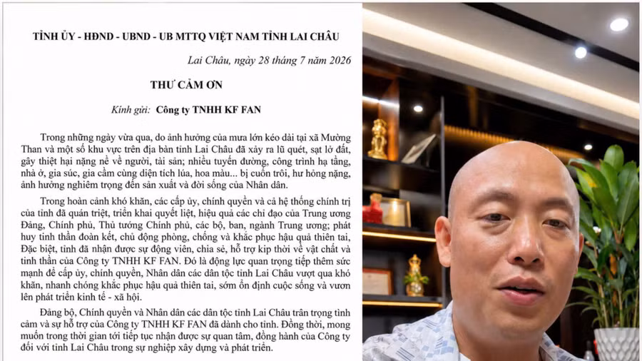 Thư cảm ơn của tỉnh ủy lai châu tới công ty TNHH KF FAN của ông Trần Đình Tiệp sau khi ông gửi 1,1 tỉ đồng ủng hộ đồng bào khó khăn 