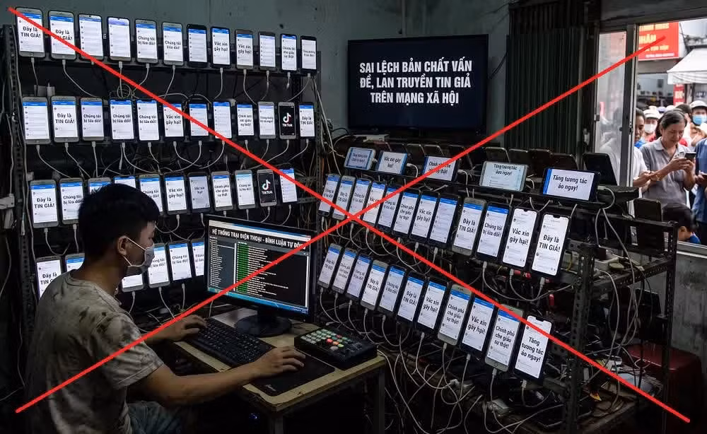 Nhiều chuyên gia an ninh mạng đã lên tiếng cảnh báo về hiện tượng sử dụng phone-farm tạo bất ổn xã hội qua các bình luận tự động trên mạng xã hội. Ảnh được tạo bằng AI.
