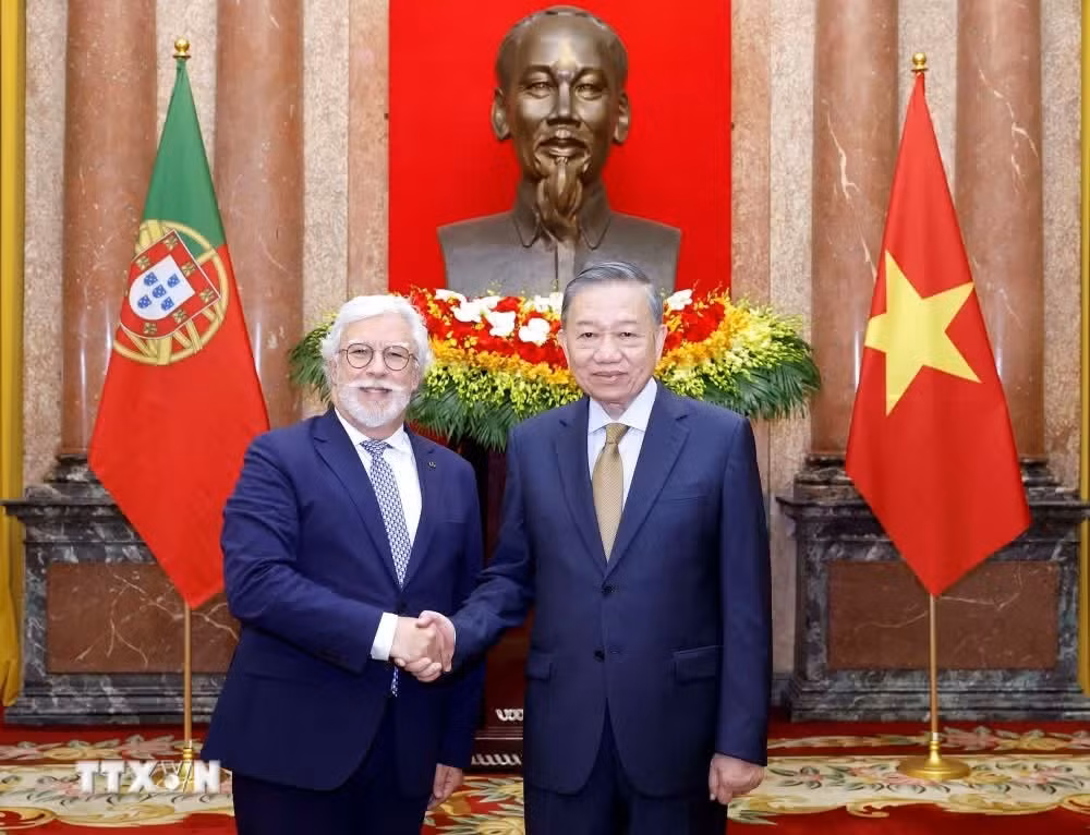 Tổng Bí thư, Chủ tịch nước Tô Lâm và Đại sứ Bồ Đào Nha Joaquim Alberto De Sousa Moreira De Lemos. (Ảnh: Thống Nhất/TTXVN)