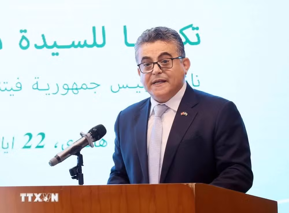 Đại sứ đặc mệnh toàn quyền Nhà nước Palestine tại Việt Nam Saadi Salama phát biểu tại buổi lễ. (Ảnh: An Đăng/TTXVN)