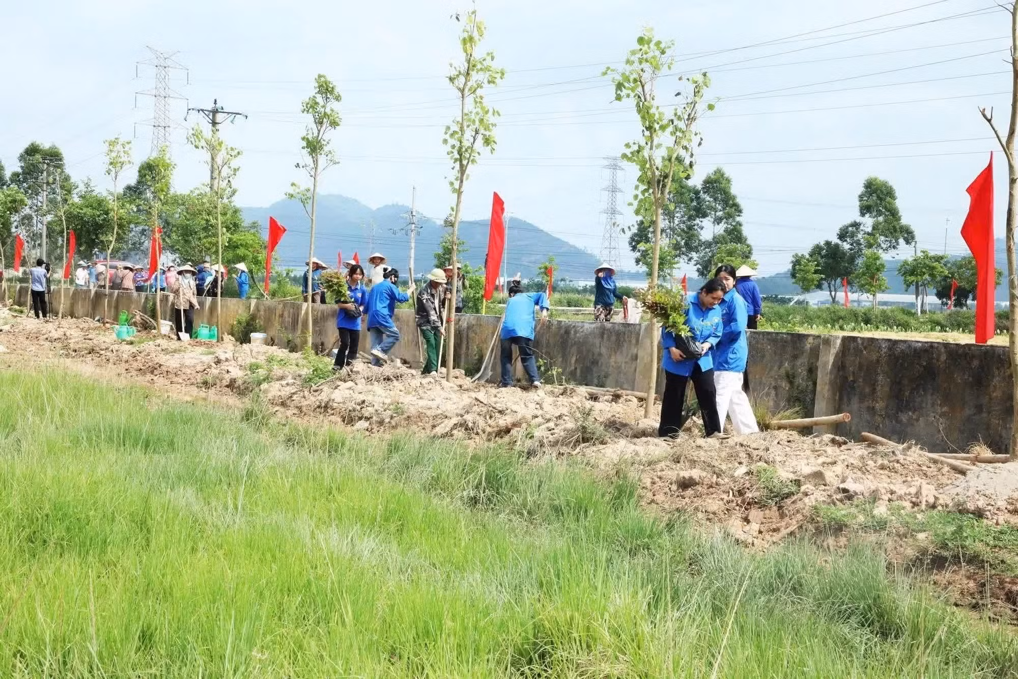 Hội viên Hội nông dân, đoàn viên thanh niên phường Yên Dũng, tỉnh Bắc Ninh tham gia trồng cây xanh, bảo vệ môi trường tại lễ phát động. (Ảnh: Việt Hùng/TTXVN)