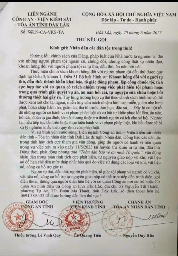 Vụ gây mất ANTT tại Đắk Lắk: Kêu gọi những người liên quan ra tự thú, đầu thú -0