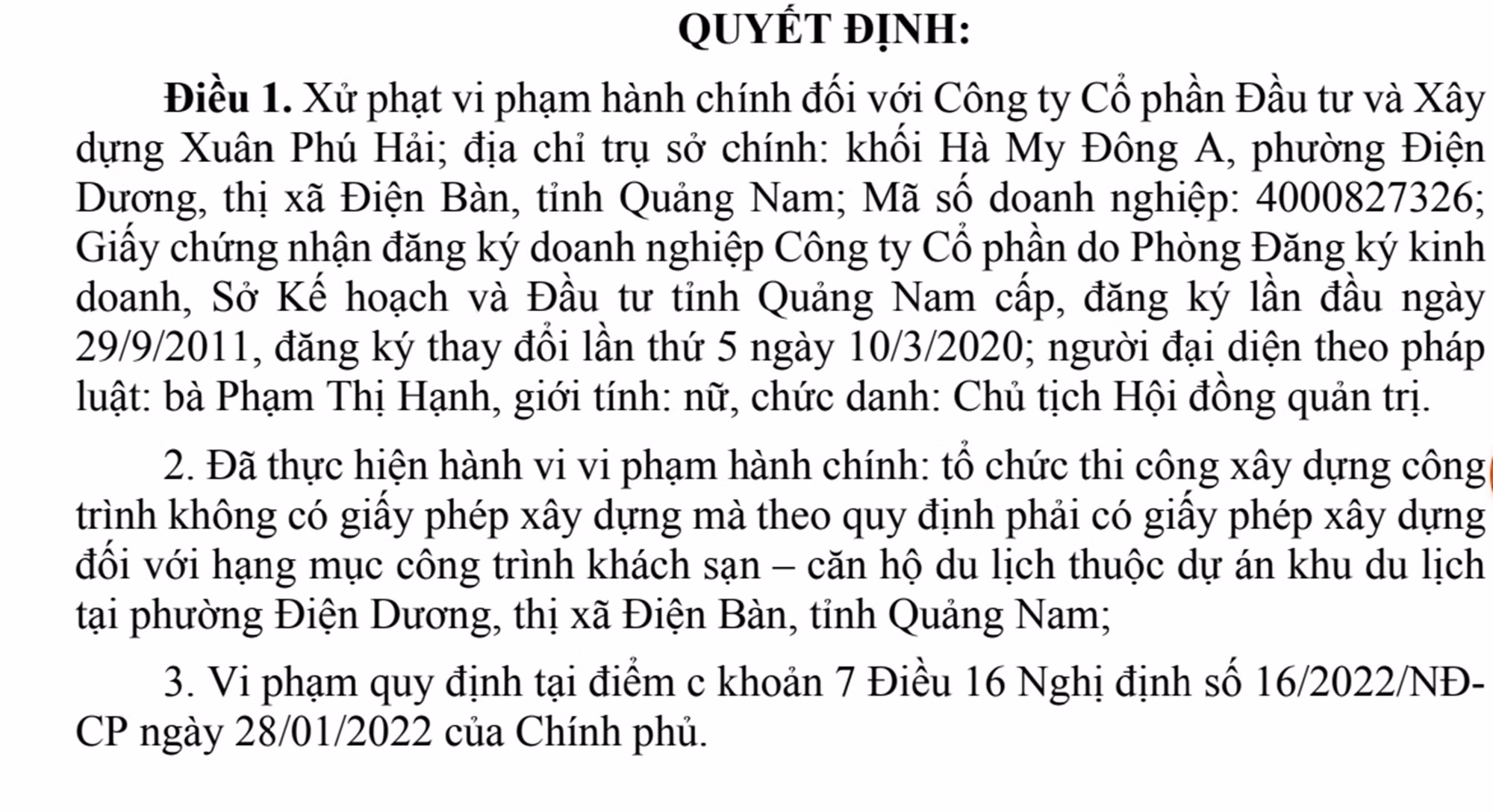 Phạt 130 triệu đồng doanh nghiệp xây khách sạn, căn hộ du lịch không phép -0