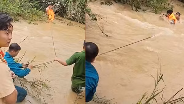 Công an giải cứu nam thanh niên mắc kẹt giữa dòng lũ dữ