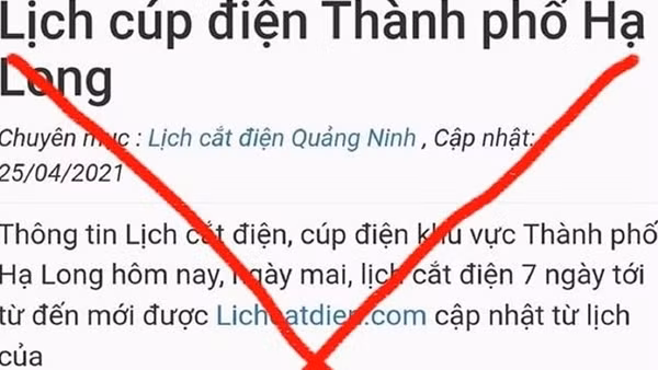 Trang thông tin về lịch cắt điện nghi giả mạo điện lực Quảng Ninh