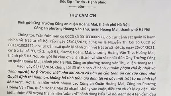 Người dân gửi thư cảm ơn Công an quận Hoàng Mai