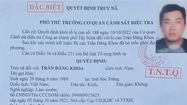 Truy nã đặc biệt toàn quốc đối tượng Trần Đăng Khoa