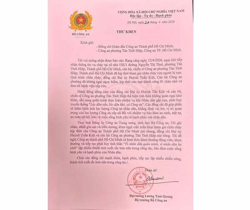 Bộ trưởng Lương Tam Quang có Thư khen Đại úy Huỳnh Tấn Kiệt và Công an phường Tân Thới Hiệp -0