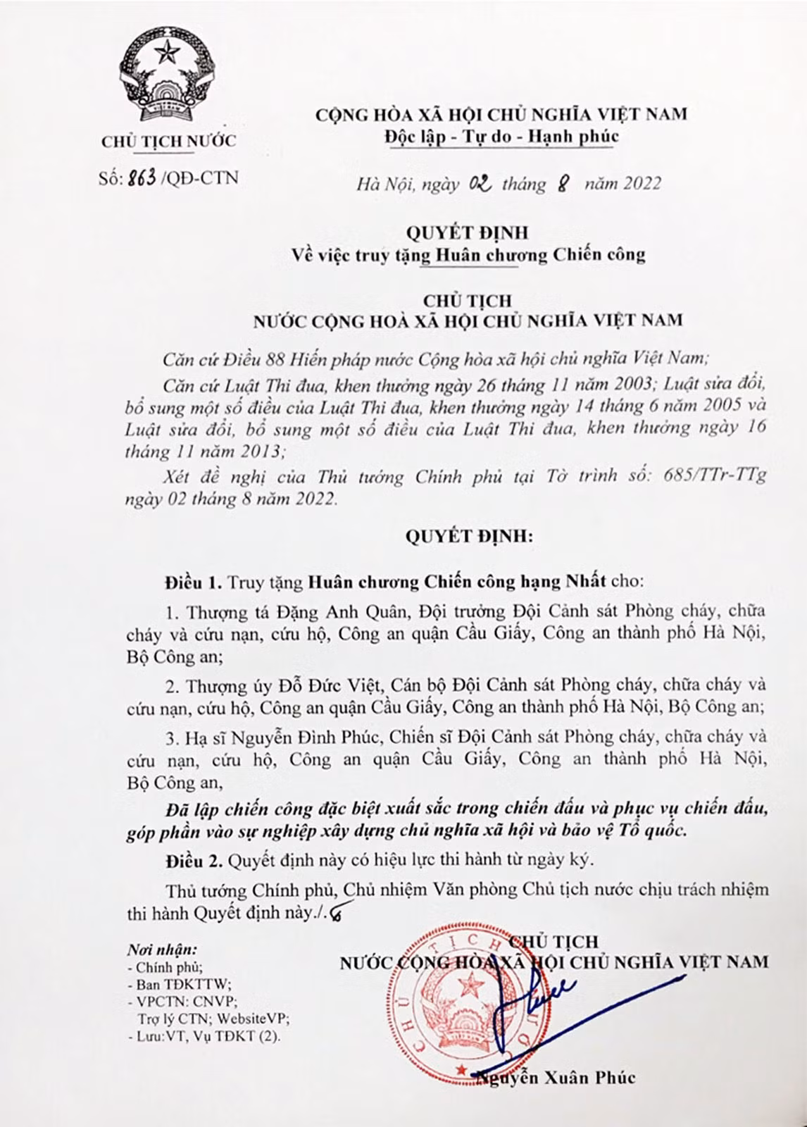 Chủ tịch nước truy tặng Huân chương Chiến công đối với 3 CBCS Cảnh sát dũng cảm hy sinh khi chữa cháy -0