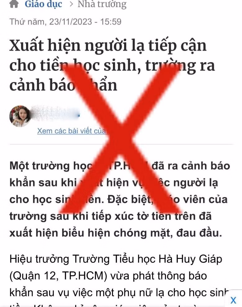 Thông tin “Người lạ tiếp cận học sinh đưa tiền ở cổng trường nhằm ý đồ xấu” là sai sự thật -1