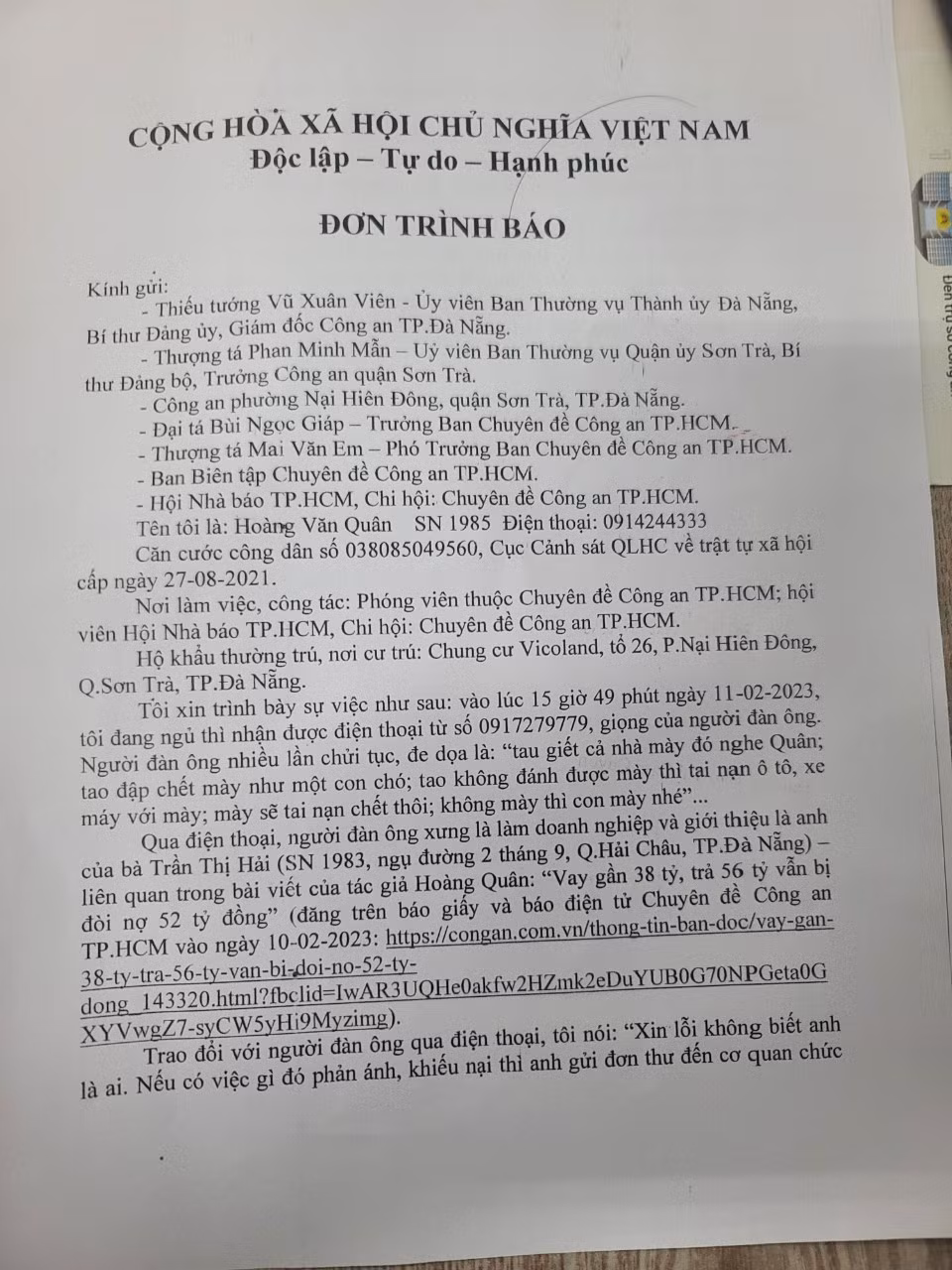 Công an vào cuộc vụ phóng viên bị người lạ “dọa giết” cả gia đình -1