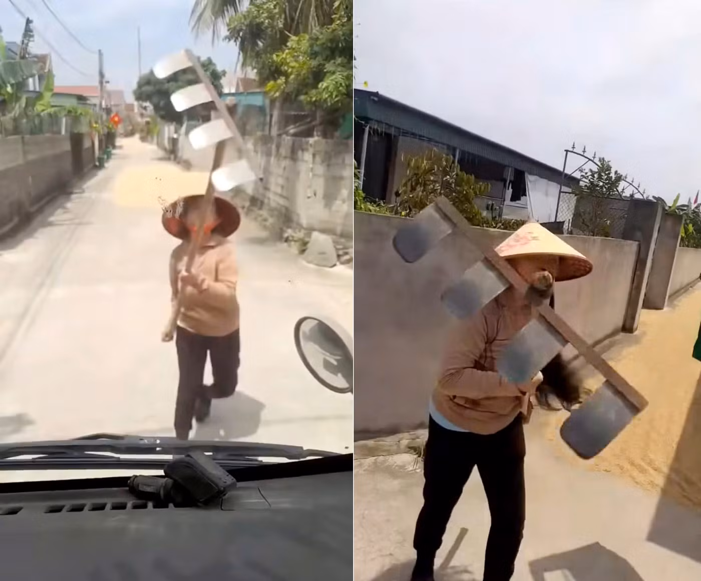 Người đàn bà dùng cào tấn công tài xế khi bị nhắc nhở phơi lúa trên đường -0