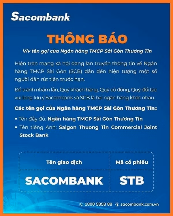 Ngân hàng Sacombank đang hoạt động rất tốt và hoàn toàn không liên quan đến ngân hàng SCB -0