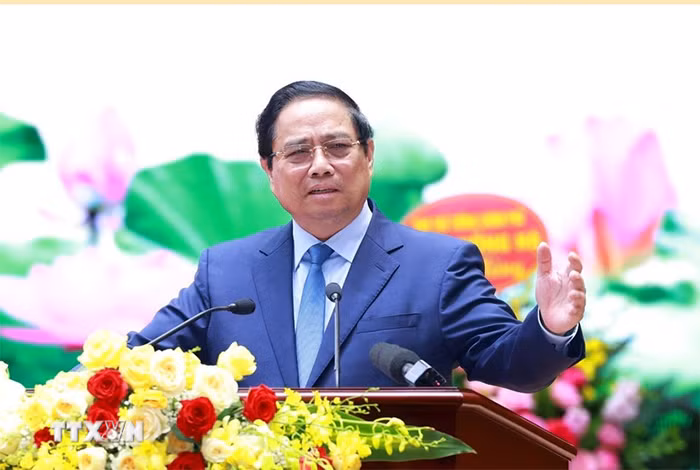 Thủ tướng Phạm Minh Chính phát biểu chỉ đạo Đại hội đại biểu Đảng bộ Bộ Xây dựng lần thứ I, nhiệm kỳ 2025-2030. (Ảnh: Dương Giang/TTXVN)