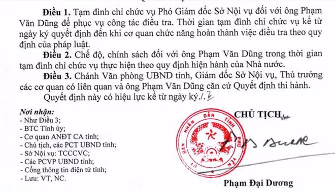 Quyết định của Chủ tịch UBND tỉnh Phú Yên tạm định chỉ chức vụ Phó Giám đốc Sở Nội vụ đối với ông Phạm Văn Dũng. Ảnh : Hữu Toàn (chụp lại văn bản)