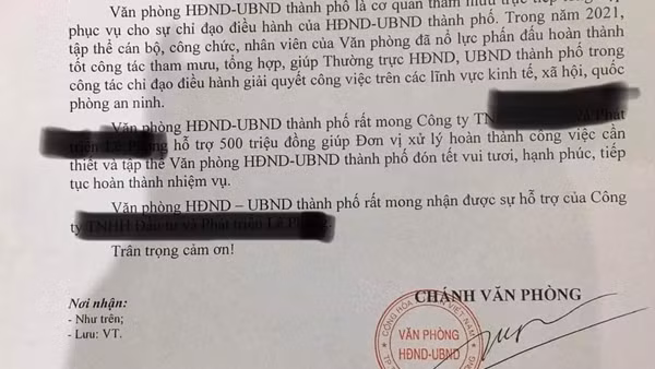 Văn phòng UBND TP Thuận An "xin" doanh nghiệp 500 triệu đồng để… đón Tết