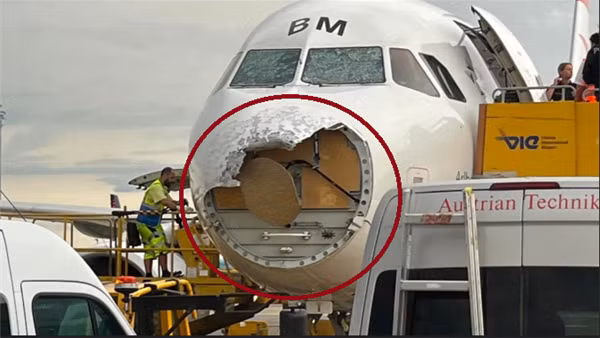 Máy bay của Austrian Airlines toác mũi vì mưa đá