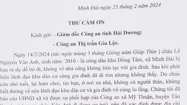 Bác ruột gửi thư cảm ơn Công an tìm được cháu gái ở Phú Thọ đi lạc xuống Hải Dương