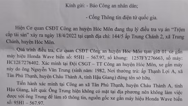 Tìm chủ xe liên quan đến vụ án trộm cắp tài sản