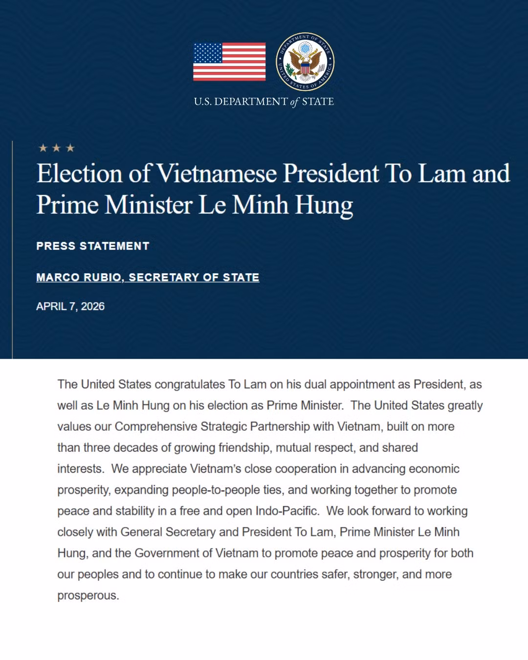 Hoa Kỳ chúc mừng các lãnh đạo Việt Nam -0