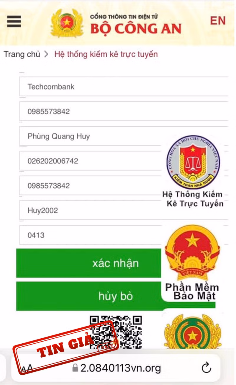 Giả mạo Cổng thông tin điện tử Bộ Công an để lừa đảo -0