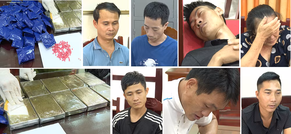 Bà trùm Hoàng Thị Thái và đồng bọn cùng tang vật.