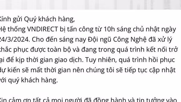 VNDirect bị tấn công, giao dịch chứng khoán trên hệ thống ngừng trệ