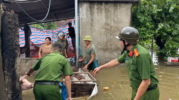 Công an ngoại thành Hà Nội đắp đê ngăn lũ, lội ruộng gặt lúa chống úng