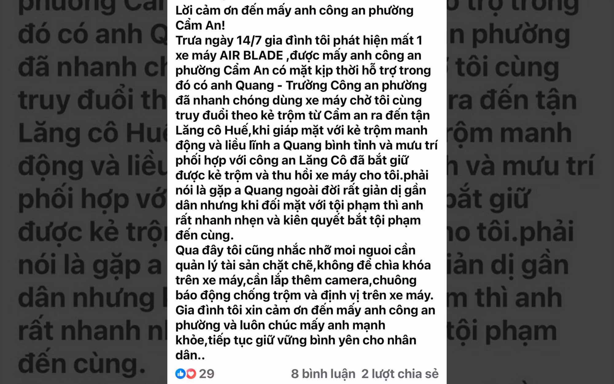 Cảm ơn Công an ở Hội An vượt hàng trăm km truy bắt tội phạm, tìm lại tài sản cho người dân -0