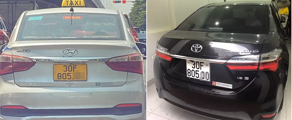 Chiếc taxi bán băng dính che biển bên trái và chiếc ô tô với biển số thật.