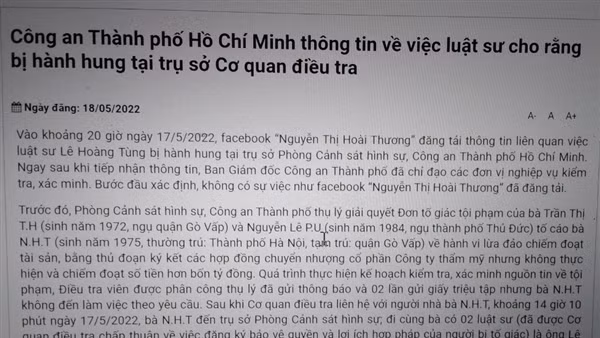 Công an TP Hồ Chí Minh thông tin việc luật sư cho rằng bị hành hung