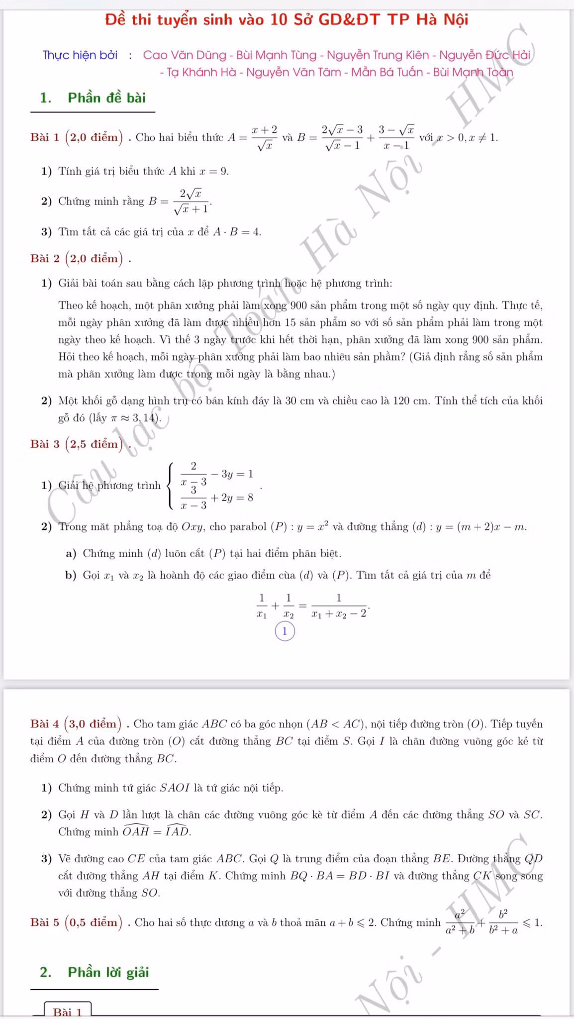 Gợi ý đáp án môn Toán thi vào lớp 10 -0