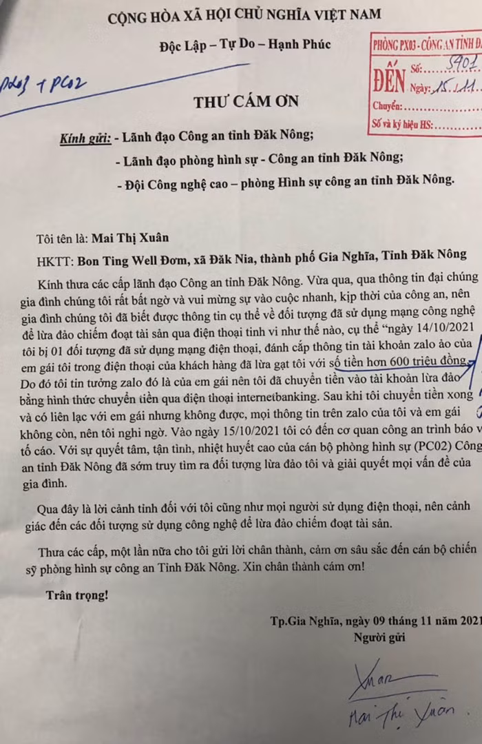 Người dân gửi thư cảm ơn CBCS Công an Đắk Nông -0