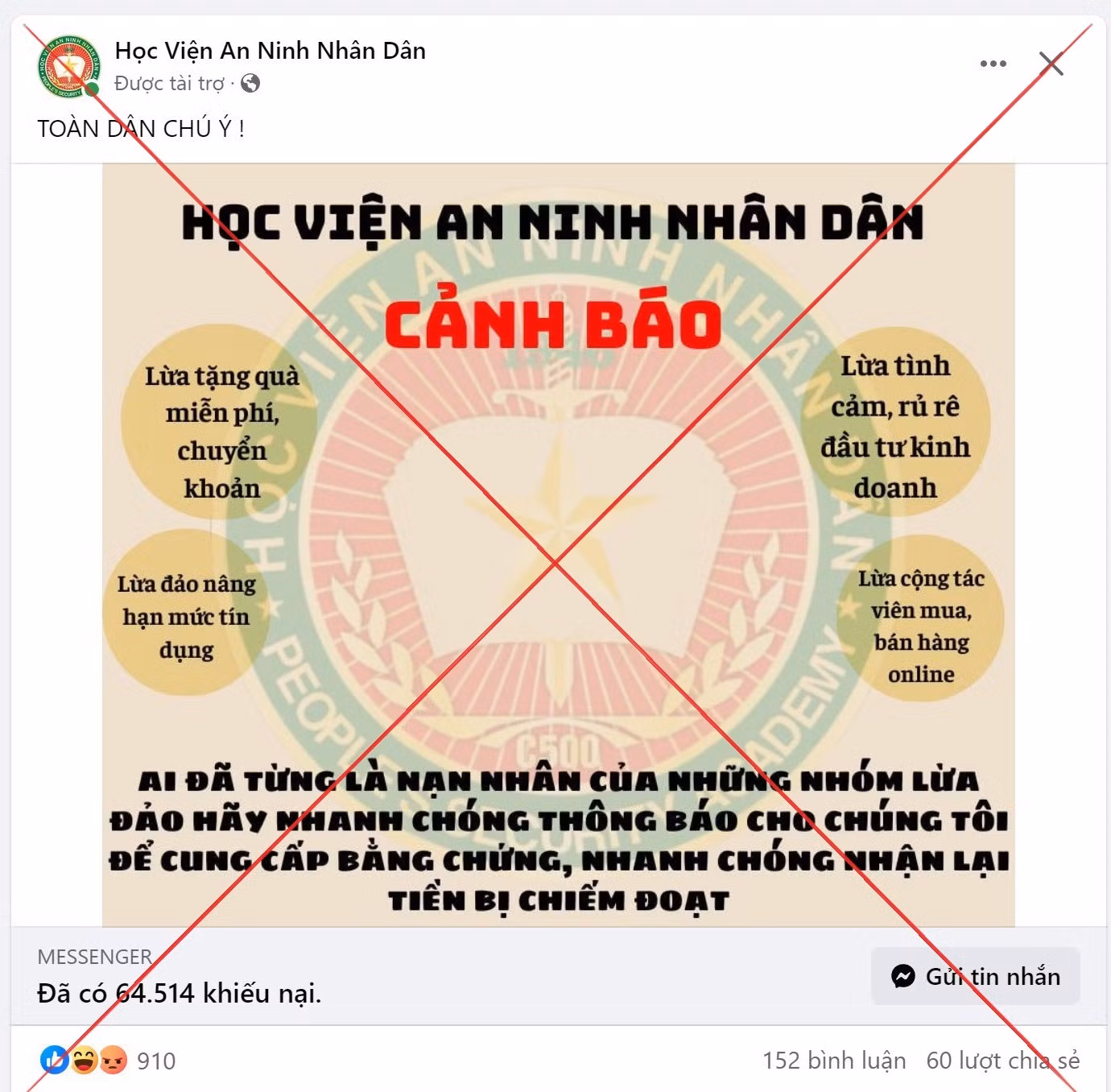 Giả mạo Học viện ANND hỗ trợ giúp đỡ nạn nhân bị lừa đảo qua mạng -0