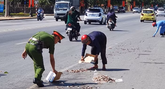 Hình ảnh đẹp chiến sỹ Công an thu gom cá giúp người dân trên đường -0
