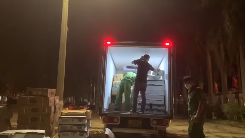 Phát hiện xe tải chở thịt heo đã bị biến đổi màu sắc và bốc mùi hôi thối -0